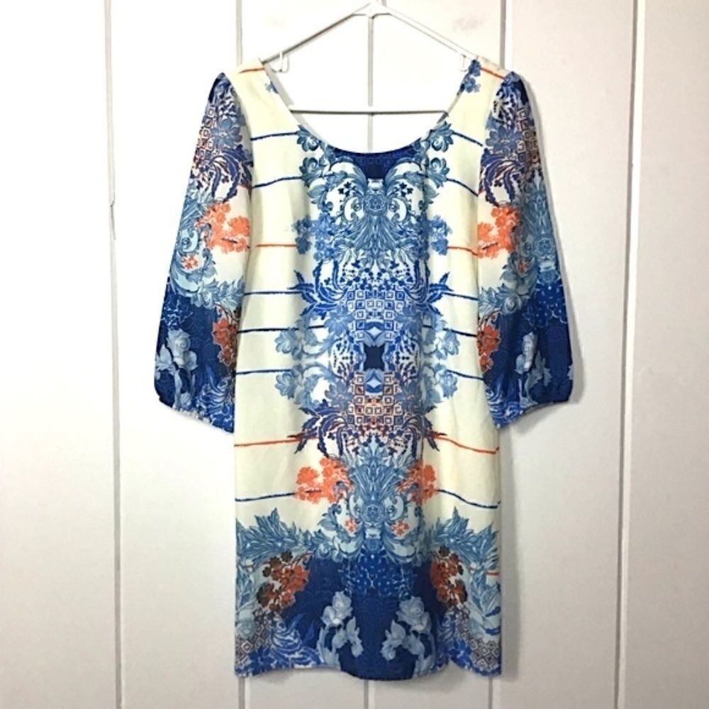 ‎Pink Owl Blue Orange Stripe Floral Shift Dress